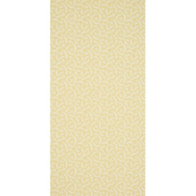Pale yellow wallpaper with white ornate circular scroll pattern; decorative wall covering.