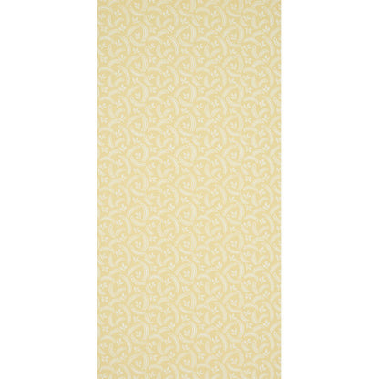 Pale yellow wallpaper with white ornate circular scroll pattern; decorative wall covering.