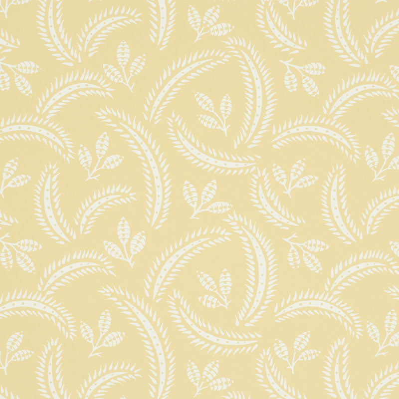 Soft yellow background with a white floral pattern; a delicate botanical print suitable for wallpaper or fabric.