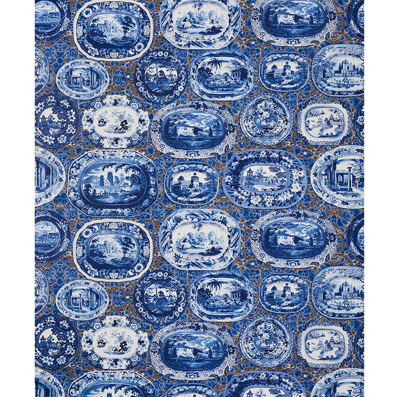 Blue & white porcelain plate & platter motifs in oval/round shapes on a brown lattice background; Delft-inspired print.