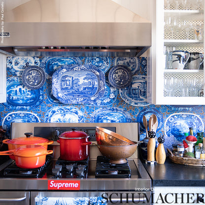 Blue and white Delft-style porcelain plates and bowls as backsplash over a stainless gas range with orange pots and a copper mixing bowl.