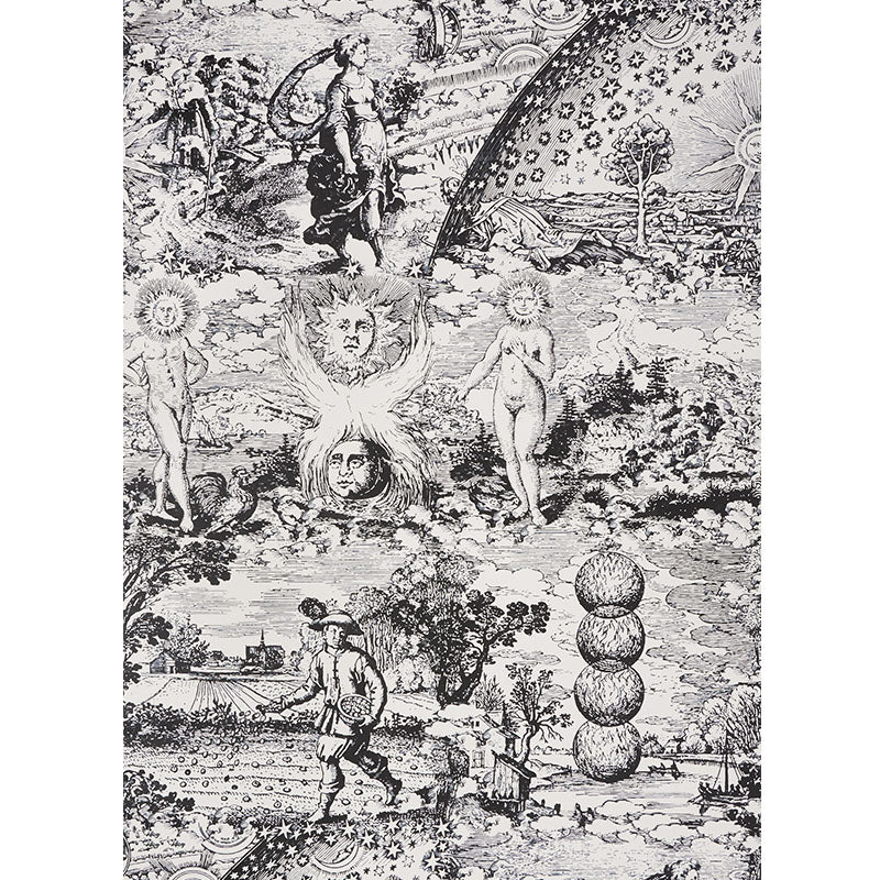 Black-and-white engraving with sun-headed figures, a stack of spheres, a walking man, and a starry arc over a pastoral landscape.