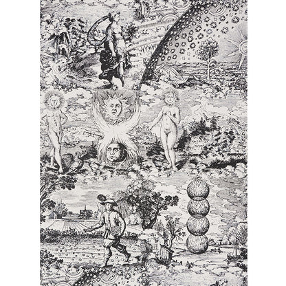 Black-and-white engraving with sun-headed figures, a stack of spheres, a walking man, and a starry arc over a pastoral landscape.