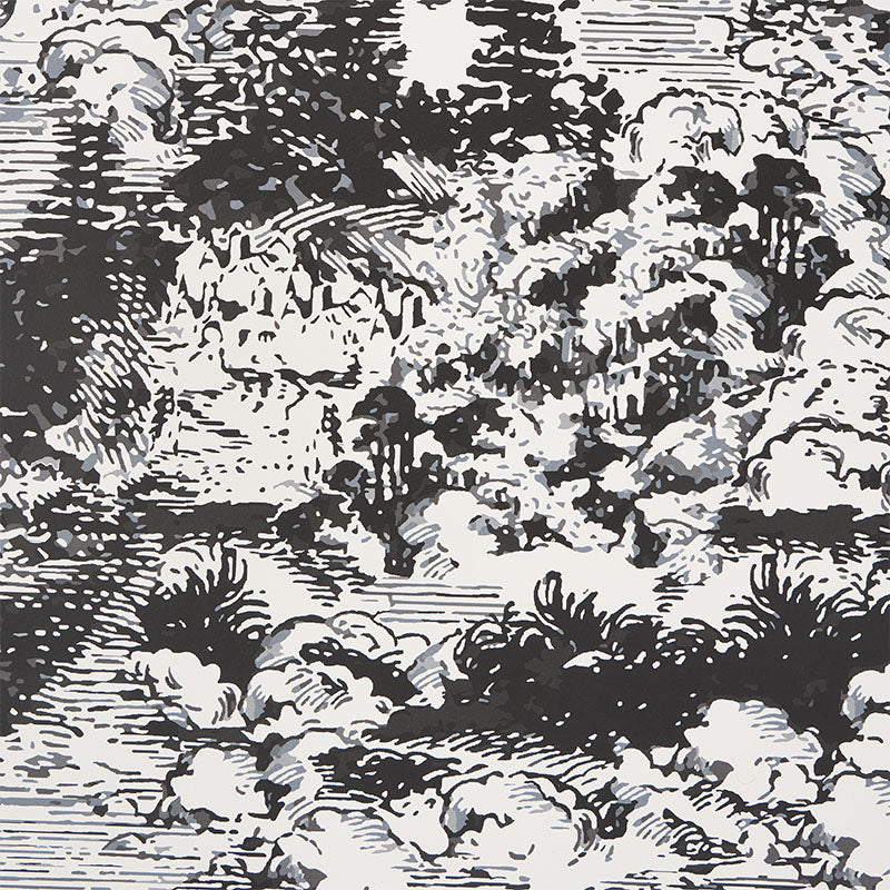 Black, white and gray toile landscape fabric with trees and water; woodcut-style pattern for upholstery or wallpaper.