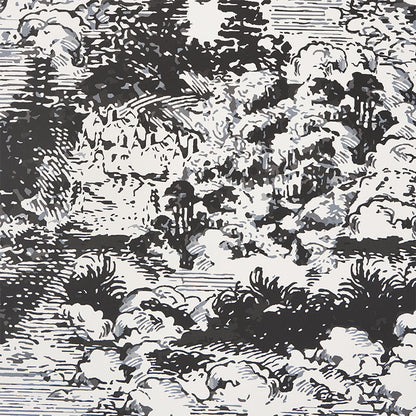 Black, white and gray toile landscape fabric with trees and water; woodcut-style pattern for upholstery or wallpaper.