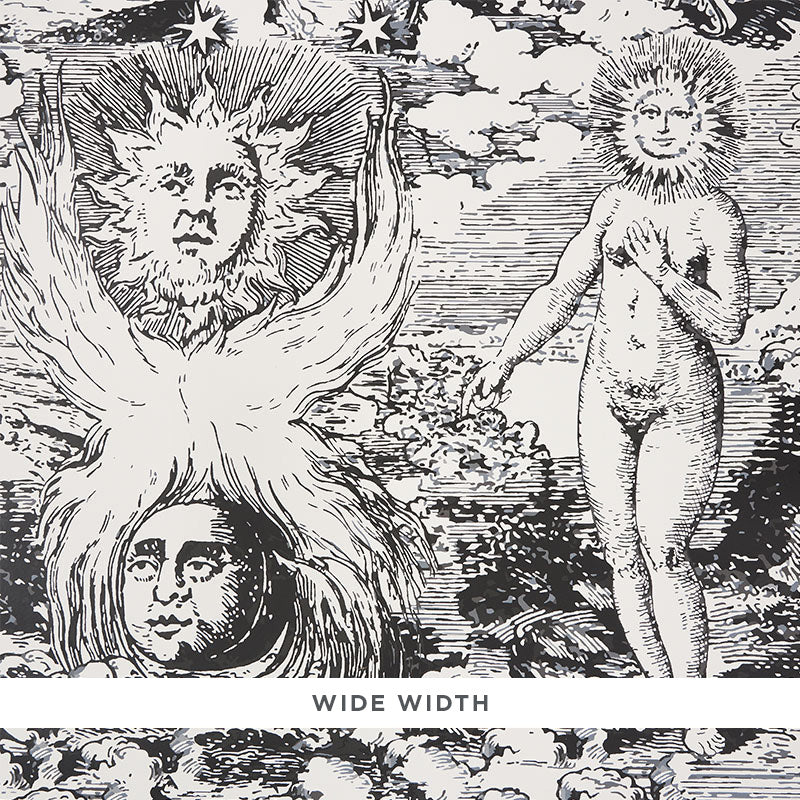 Black modern toile pattern featuring an engraving-style scene: a sun with a face on the left and a nude standing figure in a surreal landscape.