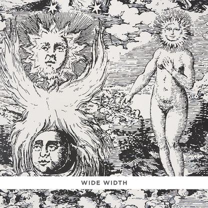 Black modern toile pattern featuring an engraving-style scene: a sun with a face on the left and a nude standing figure in a surreal landscape.
