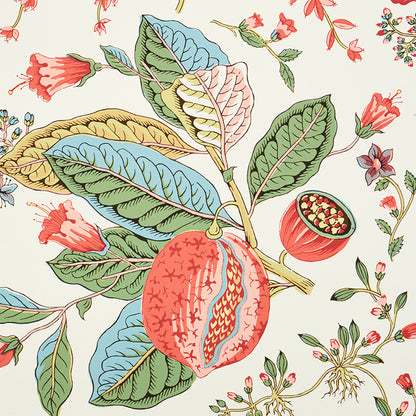 Vibrant botanical print featuring a red pomegranate-like fruit, blue-green leaves, pink blossoms, decorative textile design.