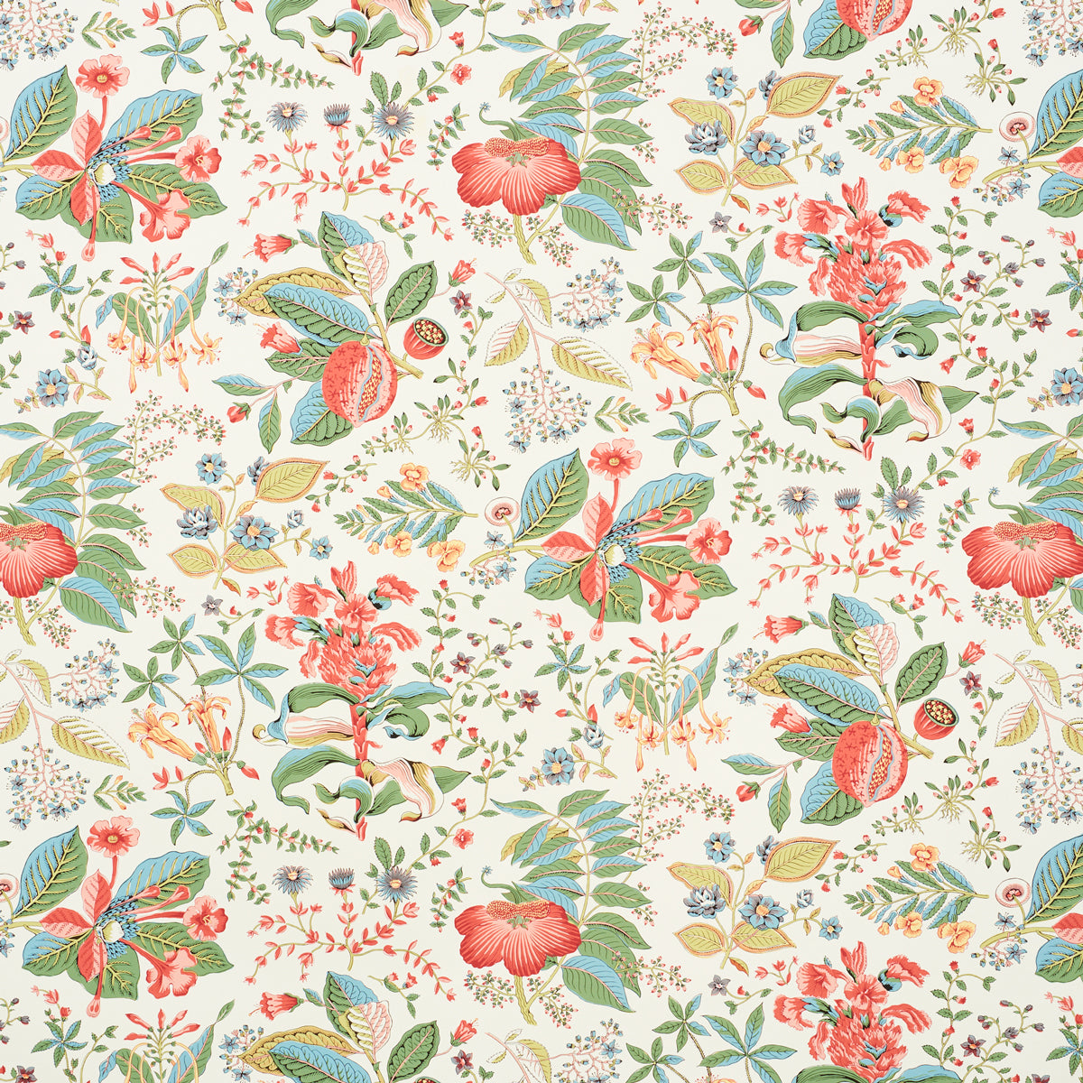 Pomegranate botanical pattern with red and pink flowers and blue-green leaves on a light cream background.