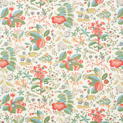 Pomegranate botanical pattern with red and pink flowers and blue-green leaves on a light cream background.