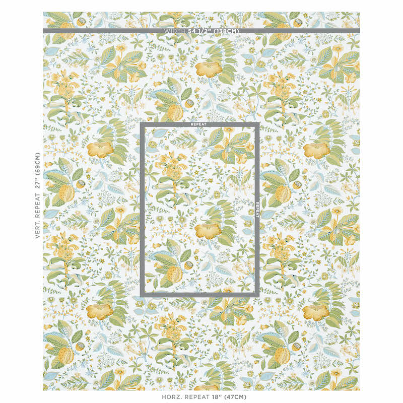 Pastel floral wallpaper with yellow blossoms and green leaves on a pale blue-gray background.