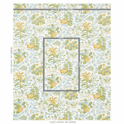 Pastel floral wallpaper with yellow blossoms and green leaves on a pale blue-gray background.