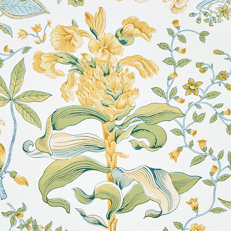 Yellow and green botanical print with large blooms and curling leaves on pale blue background, wallpaper design.