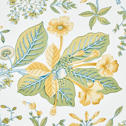 Floral fabric print with large green leaves, yellow blossoms and blue-veined accents.