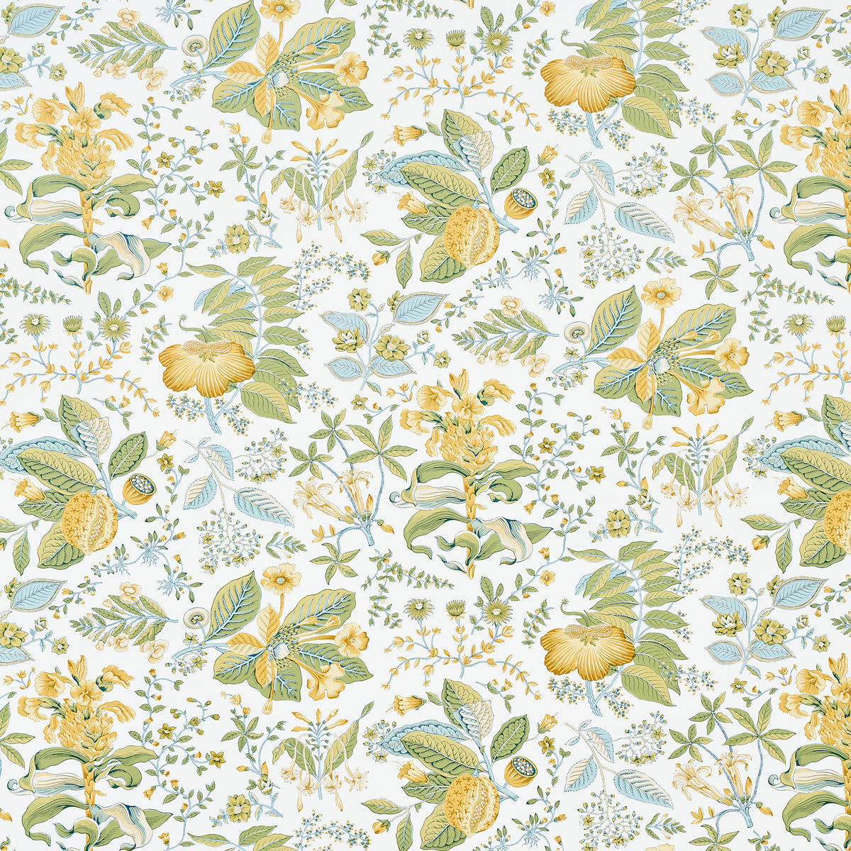 Yellow and blue-green flowers and leaves in a botanical pattern on a white background.