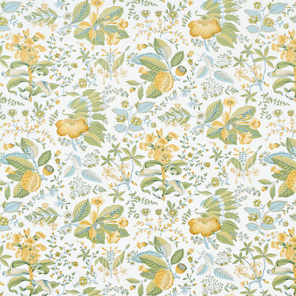 Yellow and blue-green flowers and leaves in a botanical pattern on a white background.