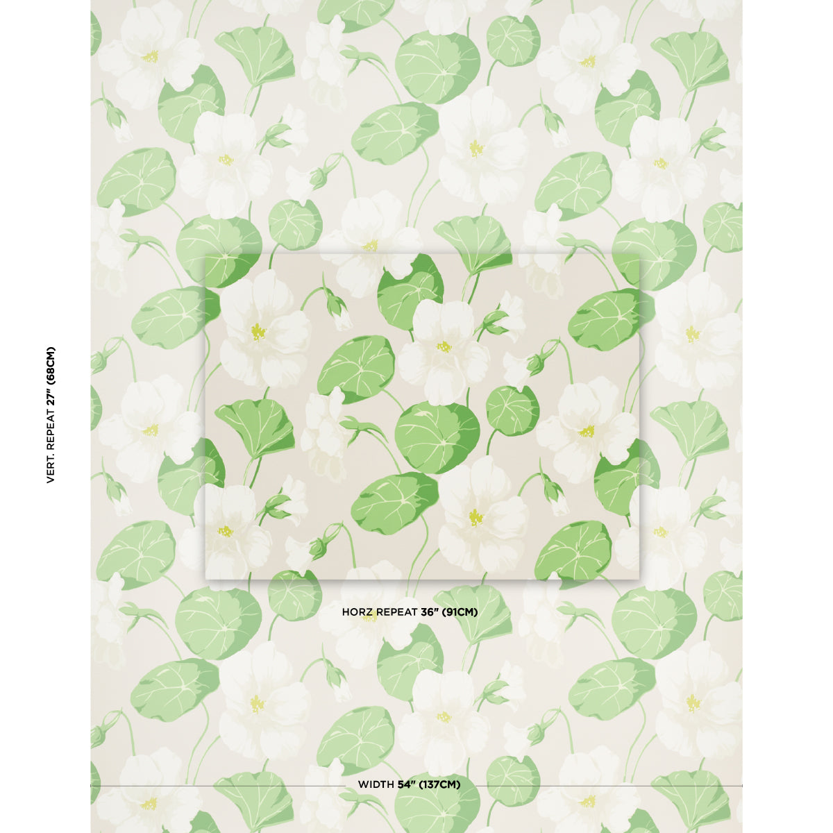 Botanical wallpaper pattern: white flowers and green leaves on a pale beige background; repeating pattern.