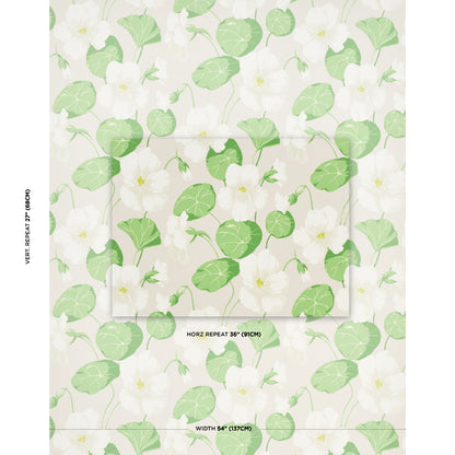 Botanical wallpaper pattern: white flowers and green leaves on a pale beige background; repeating pattern.