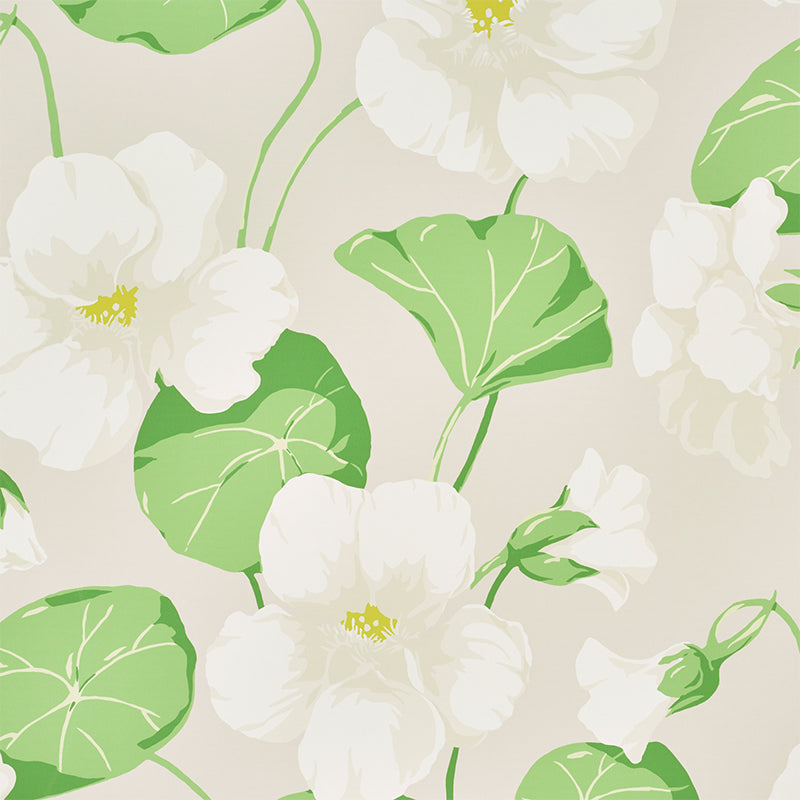 Beige botanical print featuring nasturtium blossoms and bright green leaves.