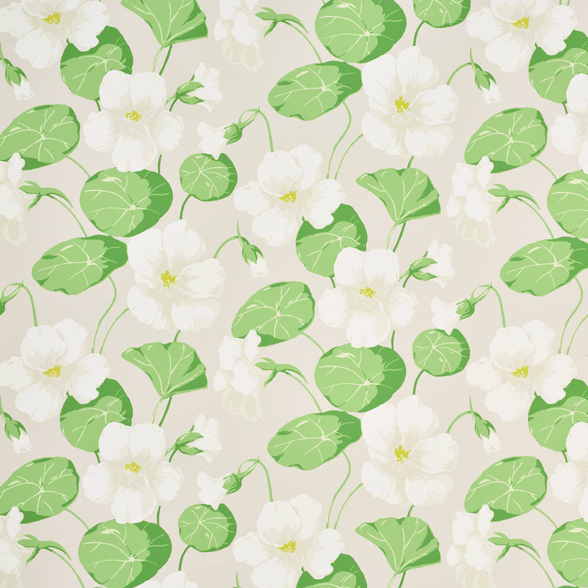 Beige botanical pattern with white flowers and green round leaves; tropical fabric/wallpaper print.
