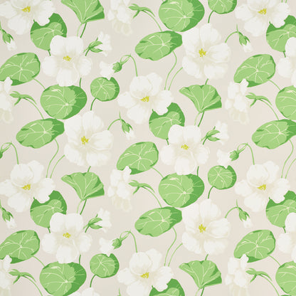 Beige botanical pattern with white flowers and green round leaves; tropical fabric/wallpaper print.