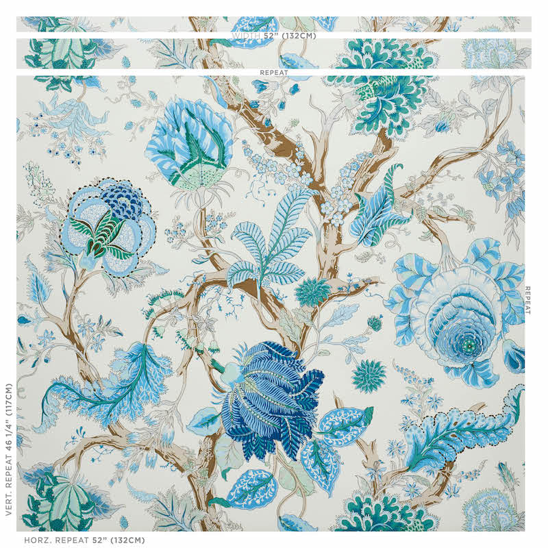 Emerald Indian Arbre wallpaper with peacock and tree motifs on ivory background.