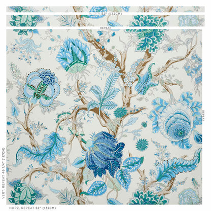 Emerald Indian Arbre wallpaper with peacock and tree motifs on ivory background.