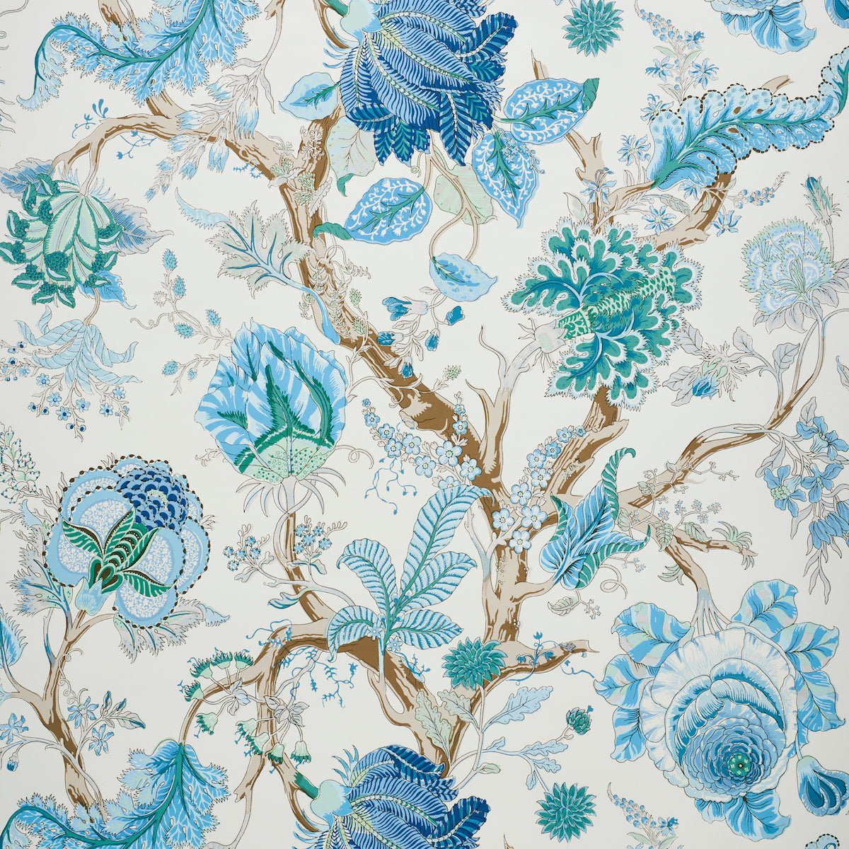 Blue and teal botanical wallpaper featuring brown branches with a peacock motif on a cream background.