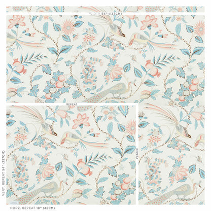 Pastel bird and floral wallpaper pattern on ivory background with blue, peach, and teal blossoms.