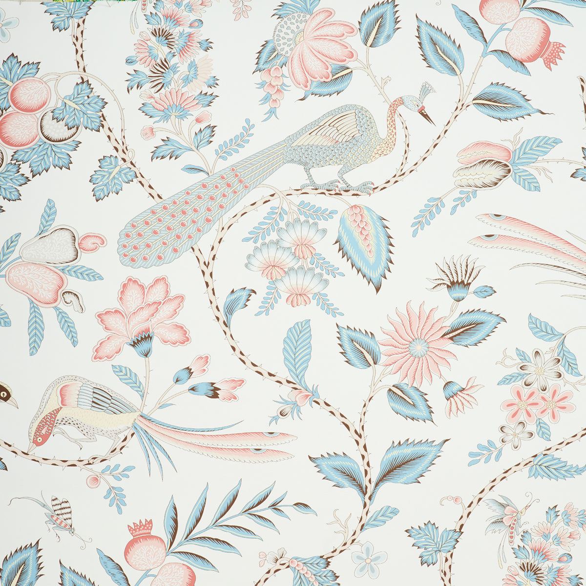Pastel floral and peacock wallpaper pattern with blue, pink and beige vines and blossoms.