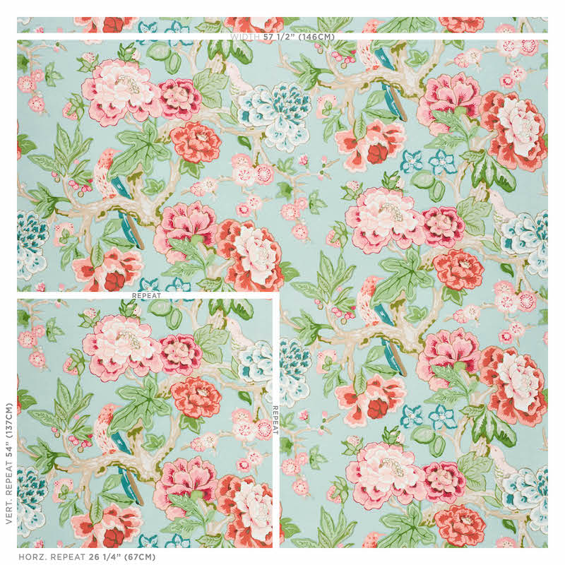 Pastel aqua floral fabric featuring pink/red roses, green leaves and small blue blossoms; vintage garden print.