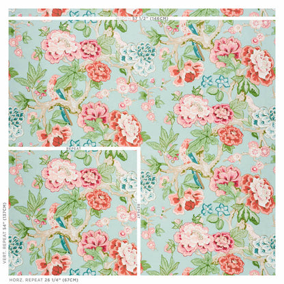 Pastel aqua floral fabric featuring pink/red roses, green leaves and small blue blossoms; vintage garden print.