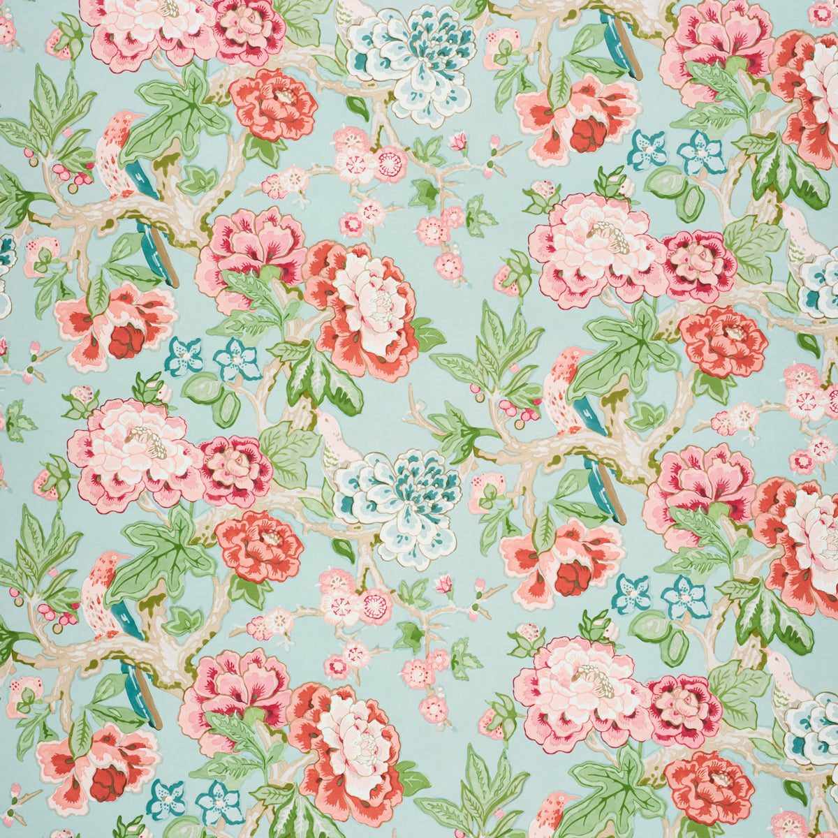 Floral fabric pattern of pink, red and teal blossoms with green leaves on a light blue background.