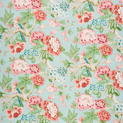Floral fabric pattern of pink, red and teal blossoms with green leaves on a light blue background.