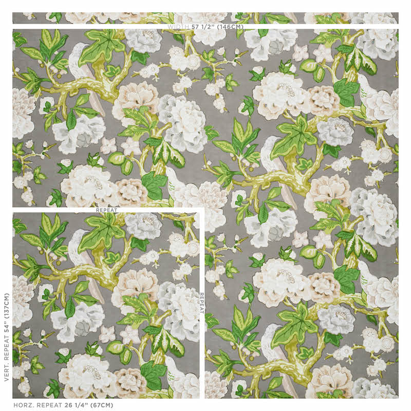 Gray fabric with a repeating botanical print of white peonies, pale pink blooms, and green leaves on twisting vines; ideal for upholstery.