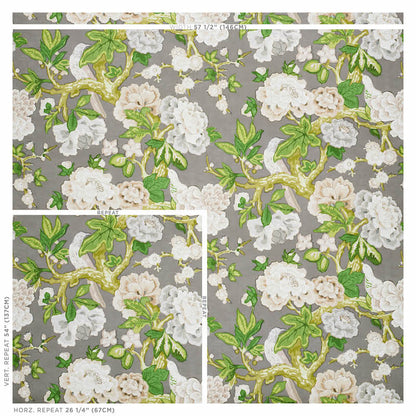 Gray fabric with a repeating botanical print of white peonies, pale pink blooms, and green leaves on twisting vines; ideal for upholstery.