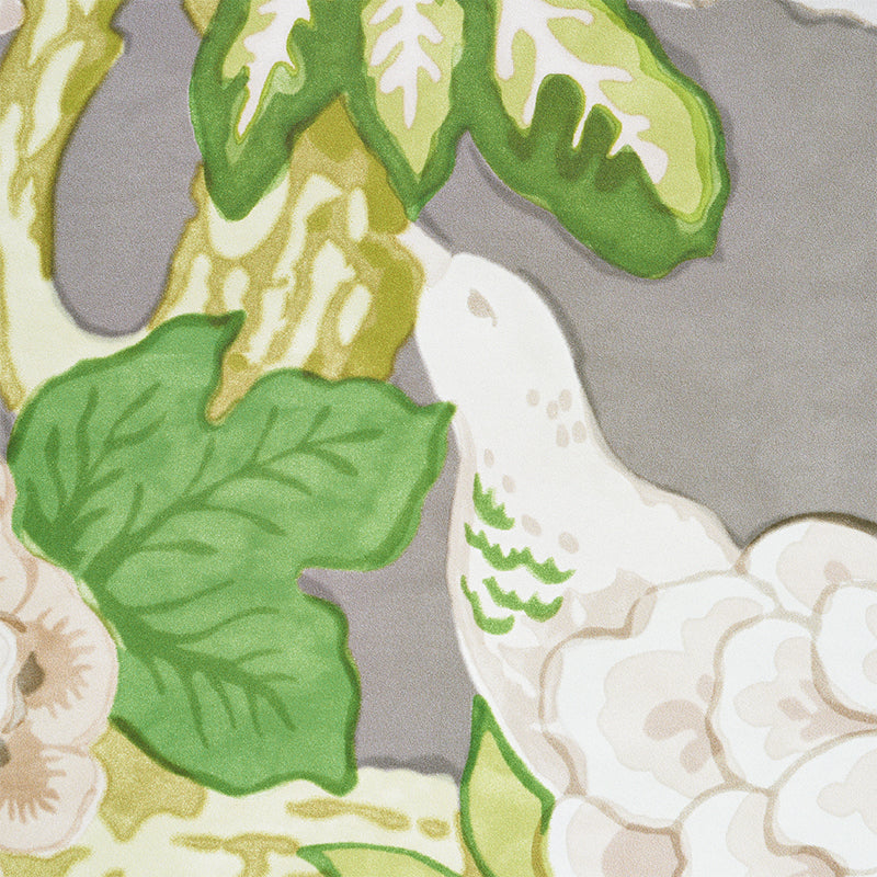 Watercolor floral design featuring green leaves and white peony blossoms on a gray background.