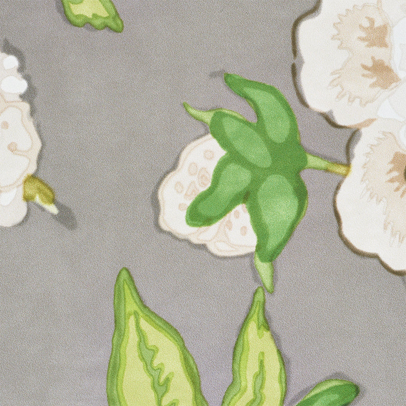 Gray fabric with white peonies and green leaves in watercolor style.