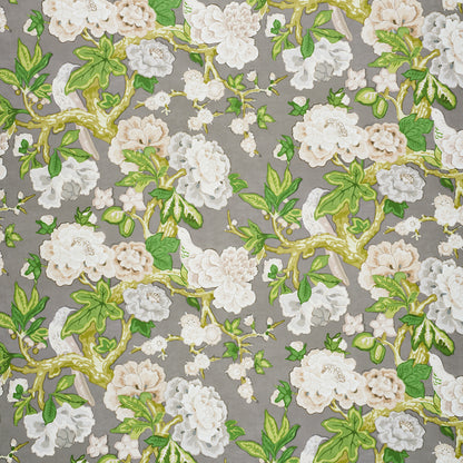 Floral wallpaper pattern with white blossoms and green leaves on a gray background.