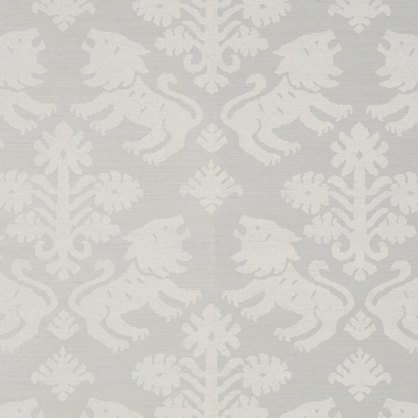 Ivory on silver damask wallpaper with floral motifs in a repeating classic scroll pattern.