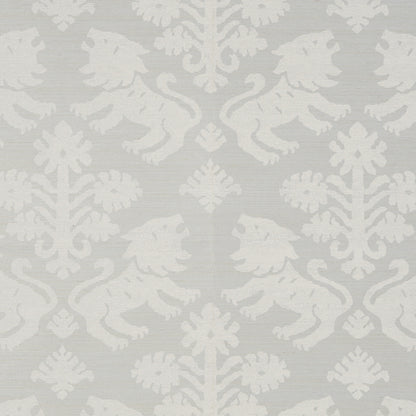 Ivory on silver damask wallpaper with floral motifs in a repeating classic scroll pattern.