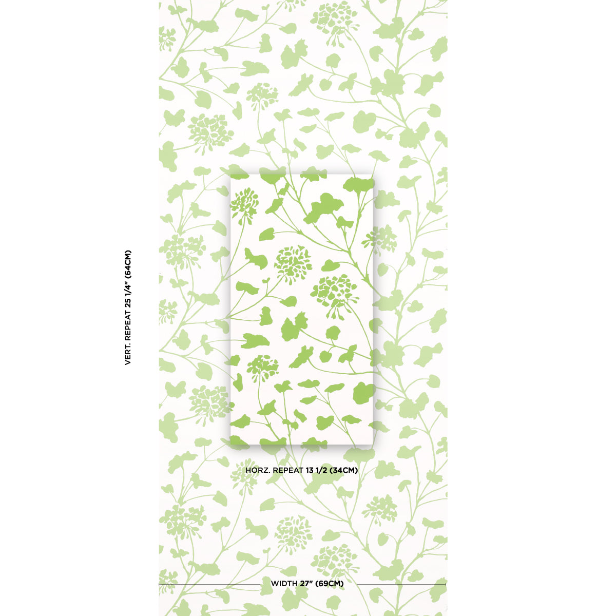 Pastel lime-green botanical wallpaper sample featuring leafy stems on ivory background, showing pattern repeat and width measurements.