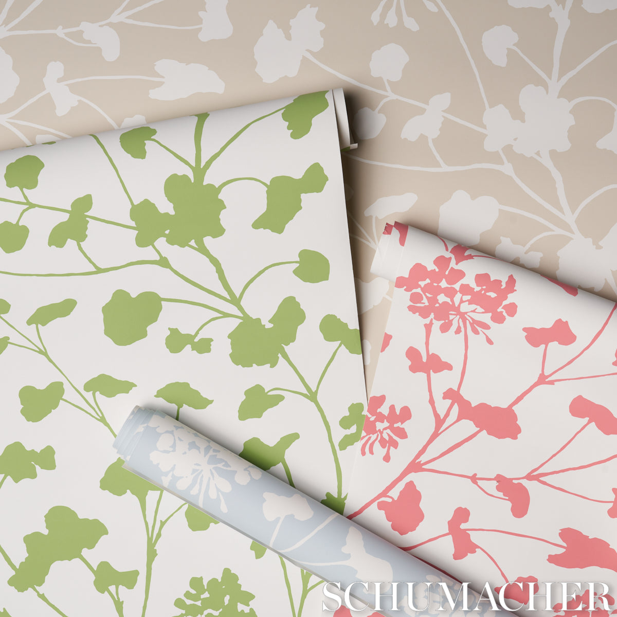Botanical wallpaper rolls with lime green leaves and pink floral silhouettes on white.
