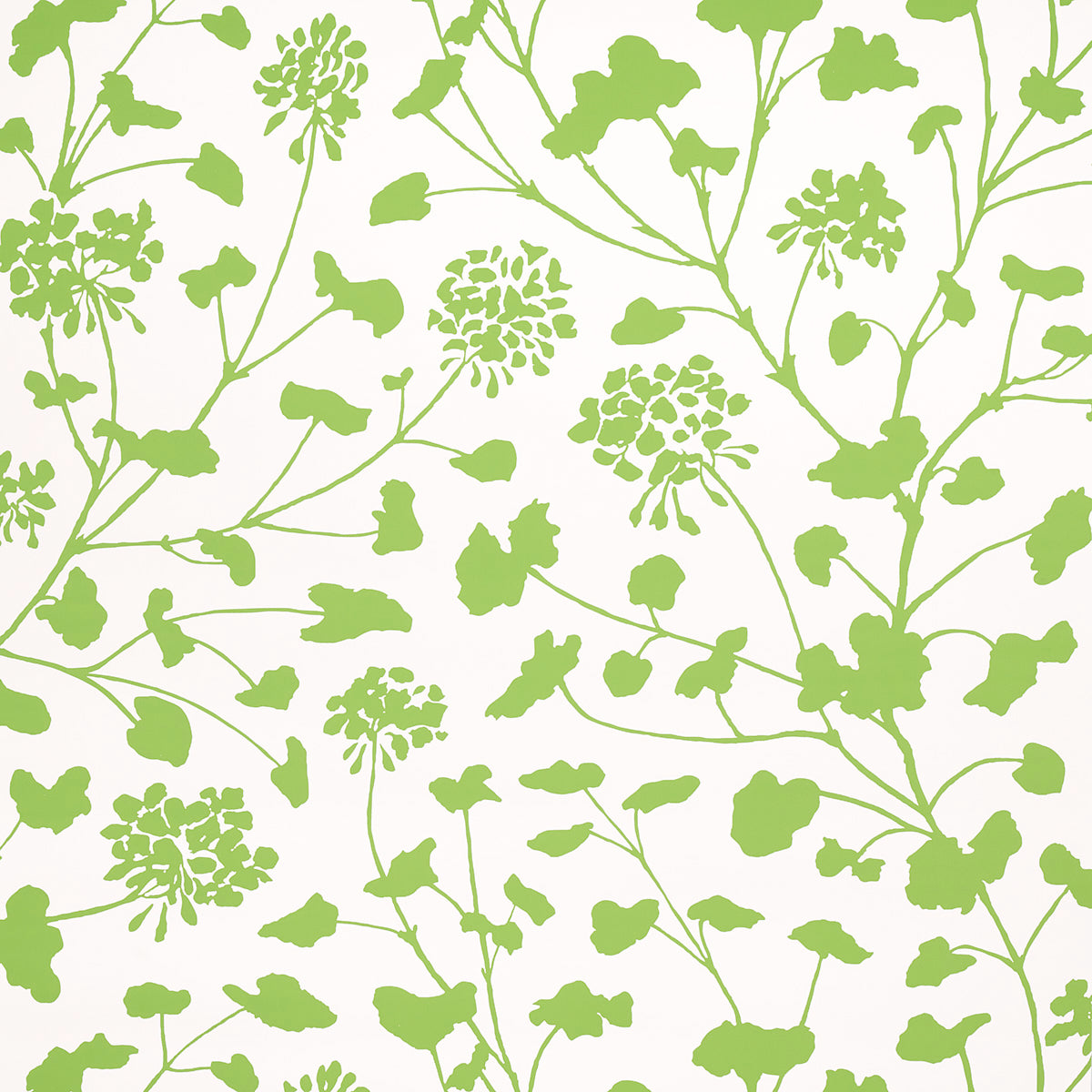 Lime green botanical leaf pattern with vine-like stems on an ivory background; wallpaper design.
