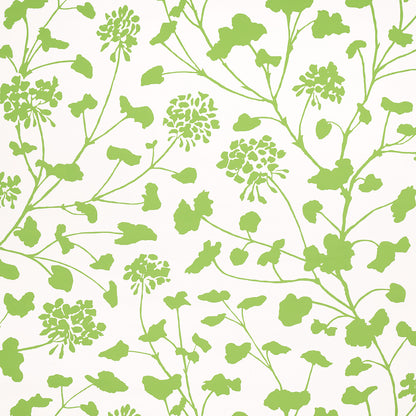 Lime green botanical leaf pattern with vine-like stems on an ivory background; wallpaper design.