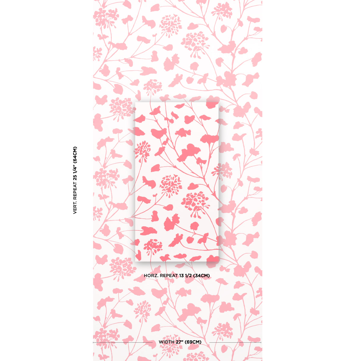 Coral floral wallpaper with delicate stems and blossoms on ivory background; repeating botanical pattern for walls.