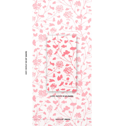 Coral floral wallpaper with delicate stems and blossoms on ivory background; repeating botanical pattern for walls.