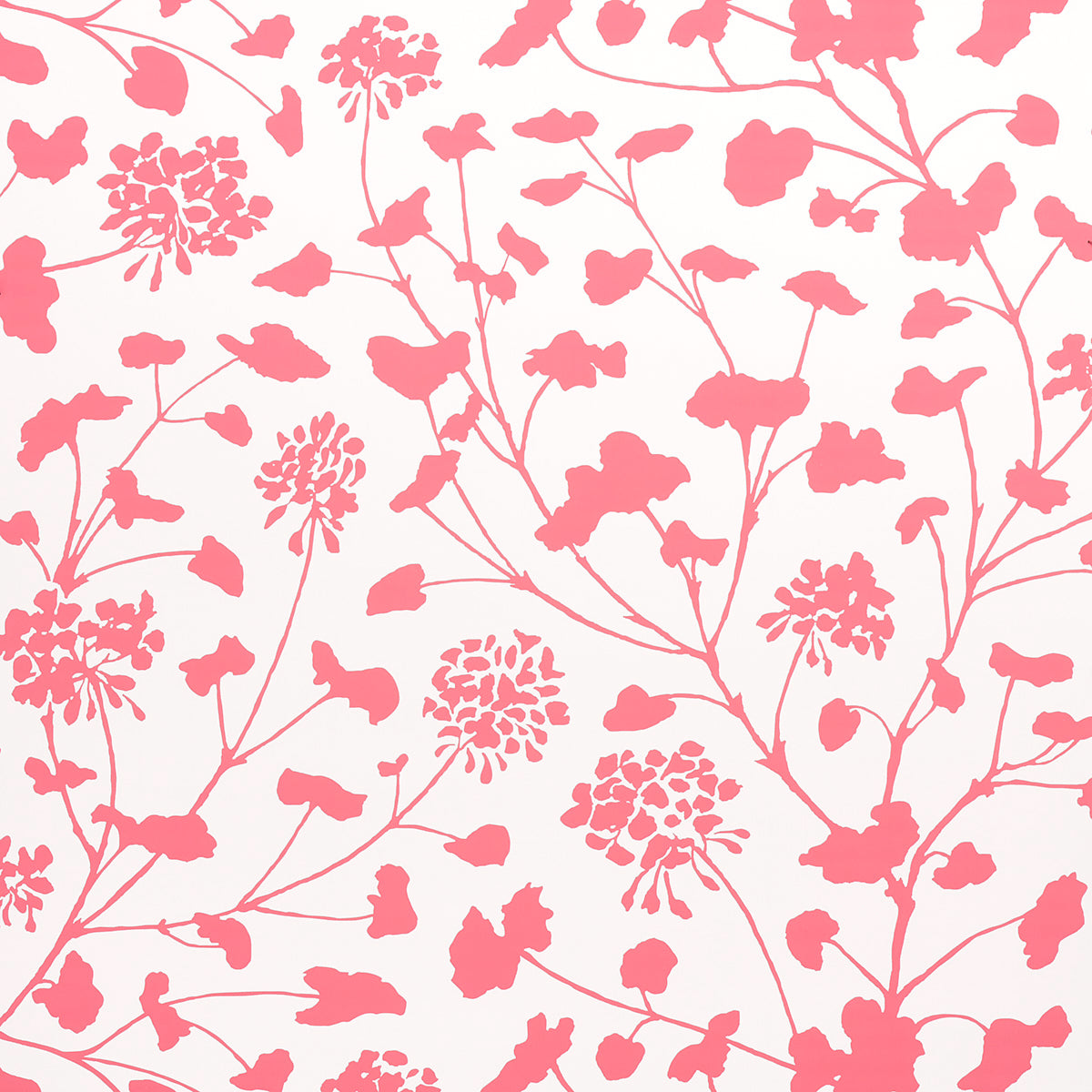 Soft coral on ivory botanical floral pattern with delicate stems, leaves and cluster blossoms.