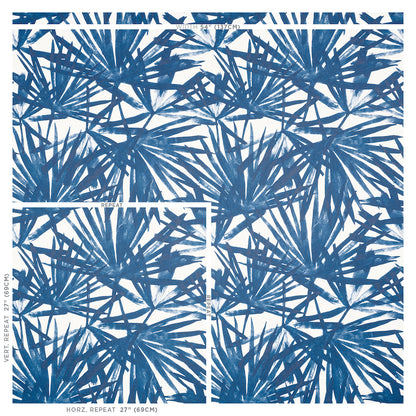 Blue palm leaf tropical print fabric on white background, large repeat pattern; ideal for curtains or upholstery.