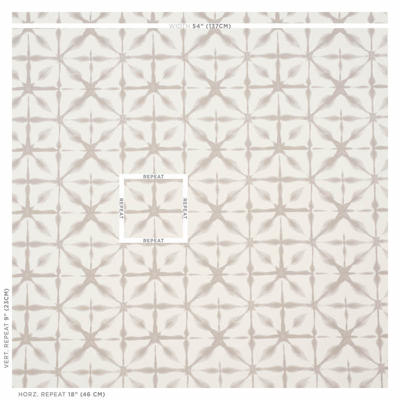 Taupe starburst geometric wallpaper pattern on off-white background; repeating 4-point star motif for walls.